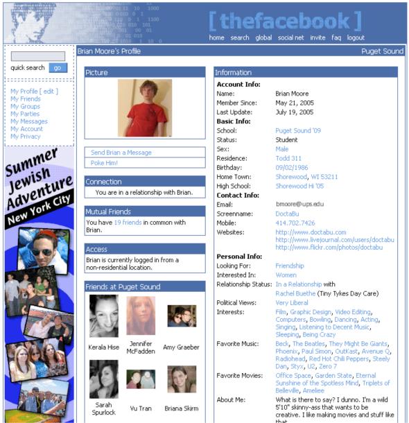 Facebook profile page in 2005