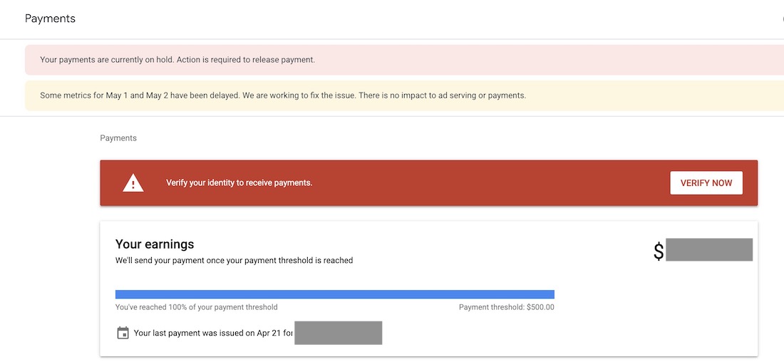 google adsense payment on hold verify