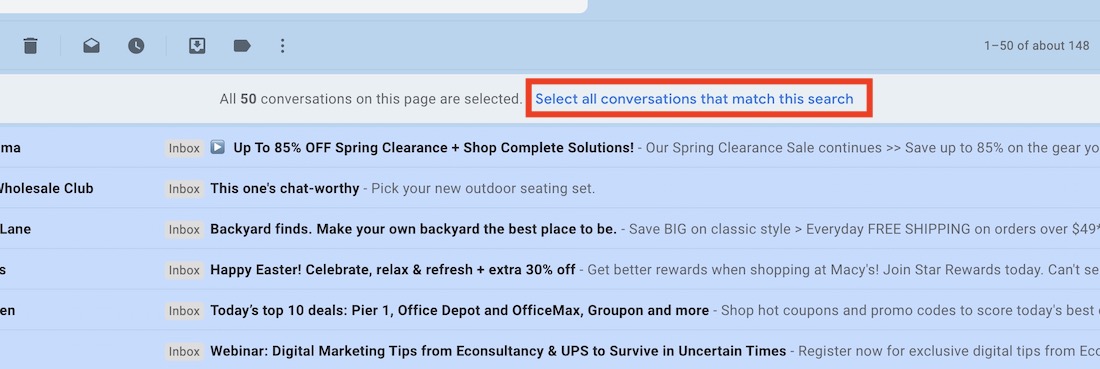 how to select all emails in inbox app on iphone